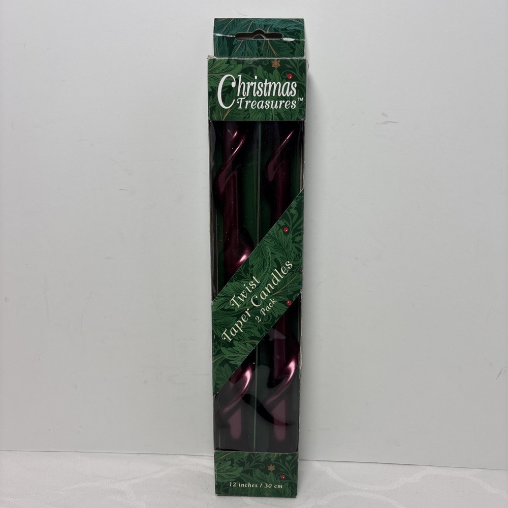 Vintage Christmas Treasures Twist Taper Candles 2 Pk Metallic Burgundy New NOS